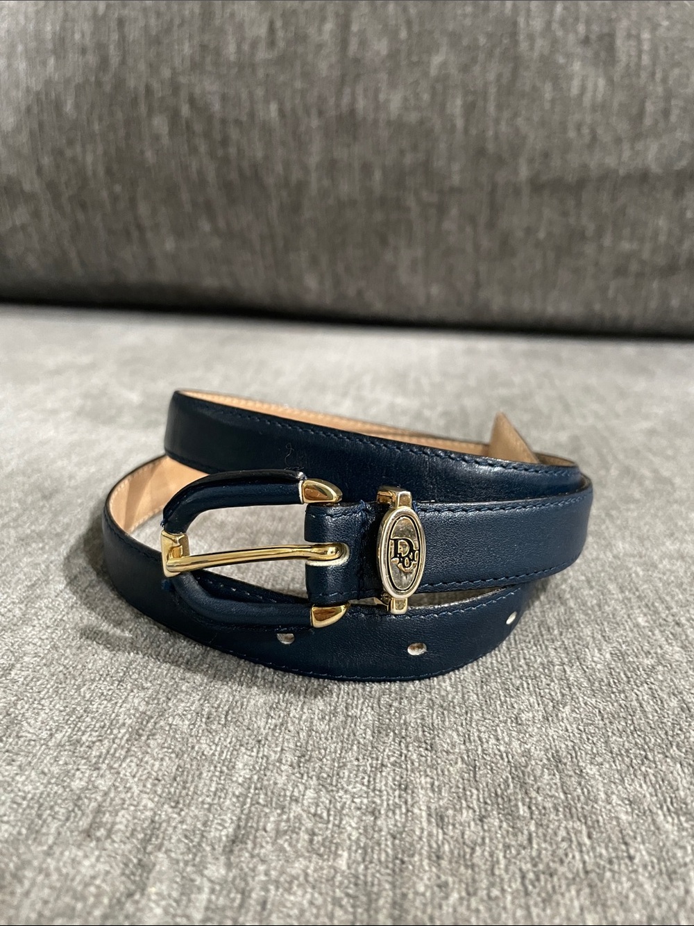Vintage Christian Dior Navy Blue Leather Belt With Gold-Tone Hardware Size M